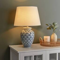 Wyld and Coco Porcelain Table Lamp with Blue and White Wave Pattern Linen Shade - thumbnail 1