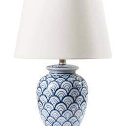 Wyld and Coco Porcelain Table Lamp with Blue and White Wave Pattern Linen Shade - thumbnail 2