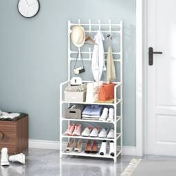KORVIXA 4 Shelves Floor Garment Rack Space-Saving Iron Frame Organizer in White - Size: 900mm - thumbnail 3