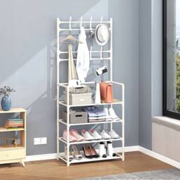 KORVIXA 4 Shelves Floor Garment Rack Space-Saving Iron Frame Organizer in White - Size: 900mm - thumbnail 4
