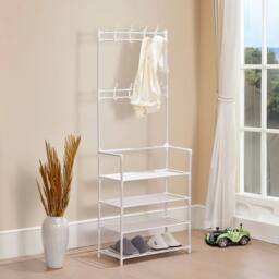 KORVIXA 4 Shelves Floor Garment Rack Space-Saving Iron Frame Organizer in White - Size: 900mm - thumbnail 5