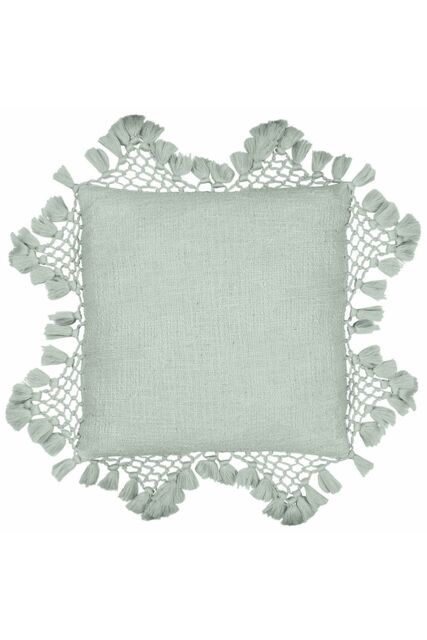 Yard Anko Slub Cotton Macrame Tassel Trimmed Cushion in Light Green - Size: 45 cm x 45 cm - image 1