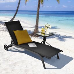 Costway Sun Lounger 6-Level Adjustable Fabric Chaise Chair Outdoor Relaxing Recliner in Black - thumbnail 4