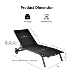 Costway Sun Lounger 6-Level Adjustable Fabric Chaise Chair Outdoor Relaxing Recliner in Black - thumbnail 3