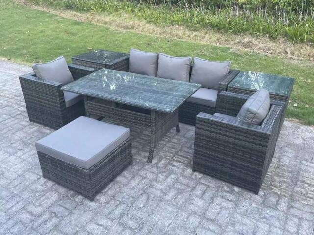 Fimous 6 Seater Rattan Garden Furniture Set Patio Dining Table Lounge Sofa Chair 2 Side Table Stool in Dark Grey - image 1