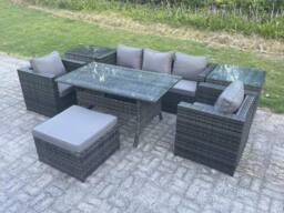 Fimous 6 Seater Rattan Garden Furniture Set Patio Dining Table Lounge Sofa Chair 2 Side Table Stool in Dark Grey - thumbnail 1