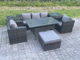 Fimous 6 Seater Rattan Garden Furniture Set Patio Dining Table Lounge Sofa Chair 2 Side Table Stool in Dark Grey - thumbnail 2