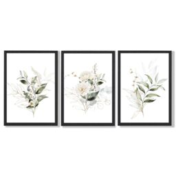ARTZE White & Green Floral Bouquets Set of 3 Wall Art Prints with Black Frame. Size: A4 in Dark Olive - Size: A3 - thumbnail 1