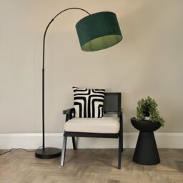 ValueLights Louis Black Arched Curved Floor Lamp with Velvet Drum Lamp Shade & LED Bulb in Bottle Green - thumbnail 1