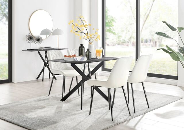 FurnitureboxUK Leonardo Grey Glass Marble Effect Black Leg Table & 4 Pesaro Black Leg Chairs in Cream - image 1