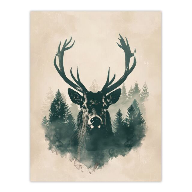 "Artery8 Wall Art Print Majestic Stag Head Forest Watercolour Design Poster in Green - Size: W18"" x H24""" - image 1