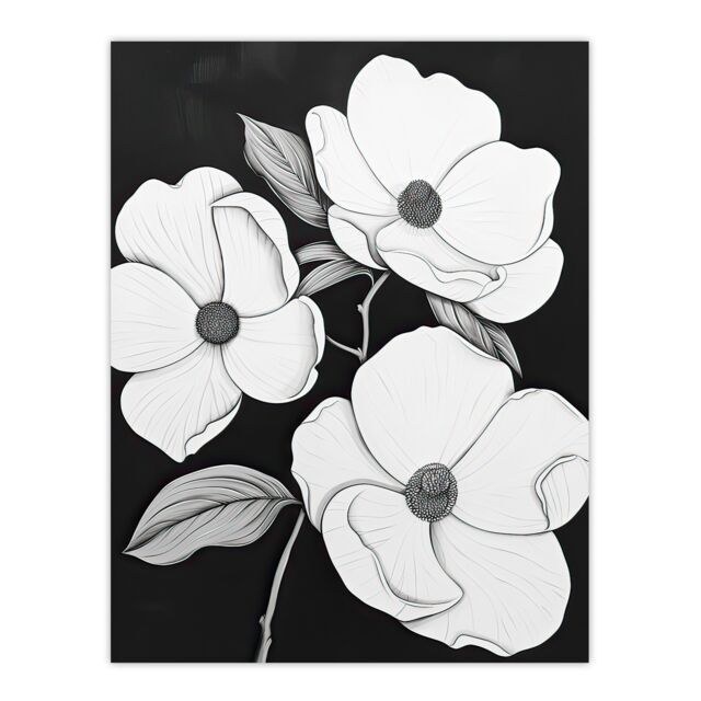 "Artery8 White Flower Blooms on Black Contrast Painting Wall Art Print - Size: W24"" x H32""" - image 1