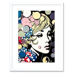 "Artery8 Wall Art Print Modern Woman Blonde Portrait Pop Art Bubbles Patterns Colourful Comic Book Halftone Artwork Framed 9X7 Inch - Size: W7"" x H9""" - thumbnail 1