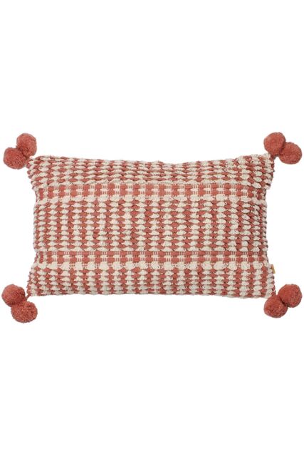 Furn Ayaan Woven Loop Tufted Cotton Double Pom Pom Cushion in Red - Size: 30 cm x 50 cm - image 1