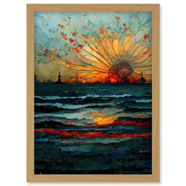 Artery8 Seascape Sunset Port City Waves Horizon Artwork Framed Wall Art Print A4 in Light Oak - image 1