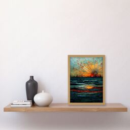 Artery8 Seascape Sunset Port City Waves Horizon Artwork Framed Wall Art Print A4 in Light Oak - thumbnail 2