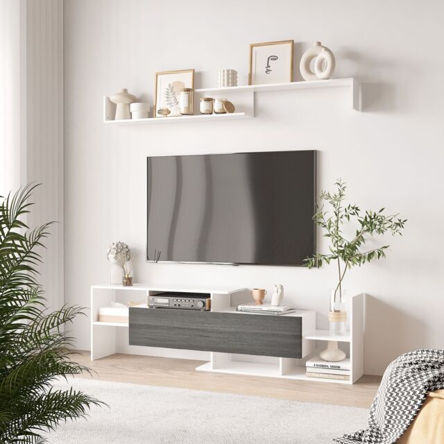 HOMCOM Unit Cabinet for TVs up to 65 Inches w/ Wall Shelf & Storage Cabinet in White - image 1