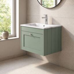 Balterley 600mm Wall Hung 1 Drawer Unit with Stone Basin 1 Tap Hole, Satin Green - thumbnail 4