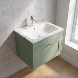 Balterley 600mm Wall Hung 1 Drawer Unit with Stone Basin 1 Tap Hole, Satin Green - thumbnail 3