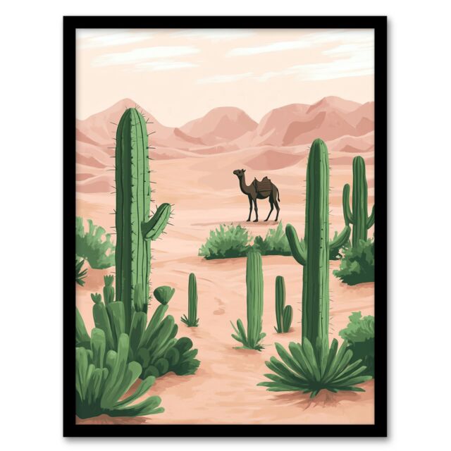 "Artery8 Camel in Pastel Pink Desert Sand Dunes & Cacti Framed Art Print in Beige - Size: W12"" x H16""" - image 1