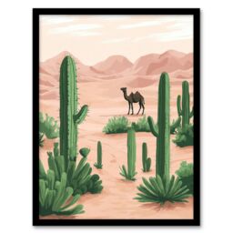 "Artery8 Camel in Pastel Pink Desert Sand Dunes & Cacti Framed Art Print in Beige - Size: W12"" x H16""" - thumbnail 1