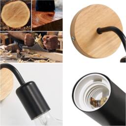 COMELY 4 pcs Vintage Wooden Wall Lights, Industrial E27 Wall Lights in Black - thumbnail 6