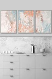 ARTZE Set of 3 Light Grey Framed Abstract Oil in Pastel Blue Ivory & Peach Wall Art - Size: W33 cm x H45 cm x D20mm - thumbnail 1