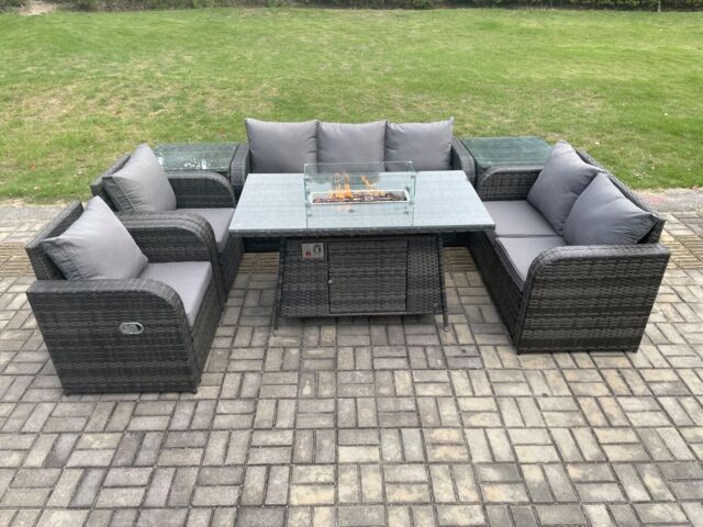 Fimous 7 Seater PE Wicker Outdoor Rattan Garden Furniture Set Propane Gas Fire Pit Table & Sofa Chair set with 2 Side Tables in Dark Grey - image 1