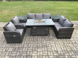 Fimous 7 Seater PE Wicker Outdoor Rattan Garden Furniture Set Propane Gas Fire Pit Table & Sofa Chair set with 2 Side Tables in Dark Grey - thumbnail 1