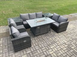 Fimous 7 Seater PE Wicker Outdoor Rattan Garden Furniture Set Propane Gas Fire Pit Table & Sofa Chair set with 2 Side Tables in Dark Grey - thumbnail 3