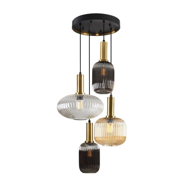 Netlighting Norma 4 Light Cluster Pendant Black Brass 3 Crystal Tones E27 - image 1
