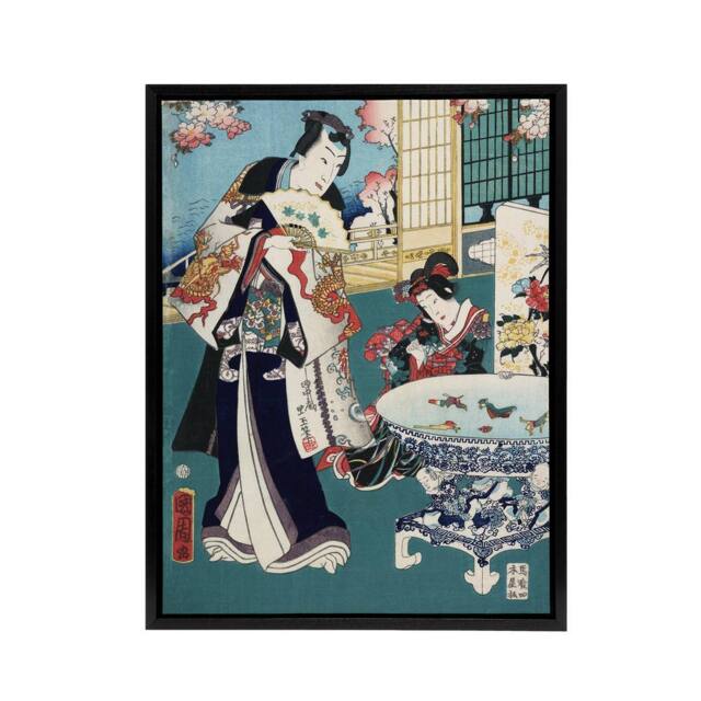 "Artery8 Spring Outing in a Villa Framed Canvas Wall Art Print Toyohara Kunichika in Blue - Size: W12"" x H16""" - image 1