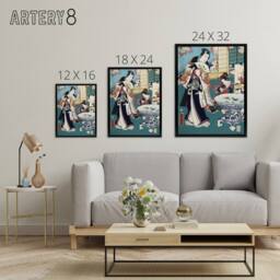 "Artery8 Spring Outing in a Villa Framed Canvas Wall Art Print Toyohara Kunichika in Blue - Size: W12"" x H16""" - thumbnail 4