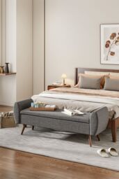 Living and Home 2-Seat Linen Upholstered Storage Bench with Side Arms and Walnut Colored Legs in Grey - thumbnail 1