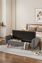 Living and Home 2-Seat Linen Upholstered Storage Bench with Side Arms and Walnut Colored Legs in Grey - thumbnail 2