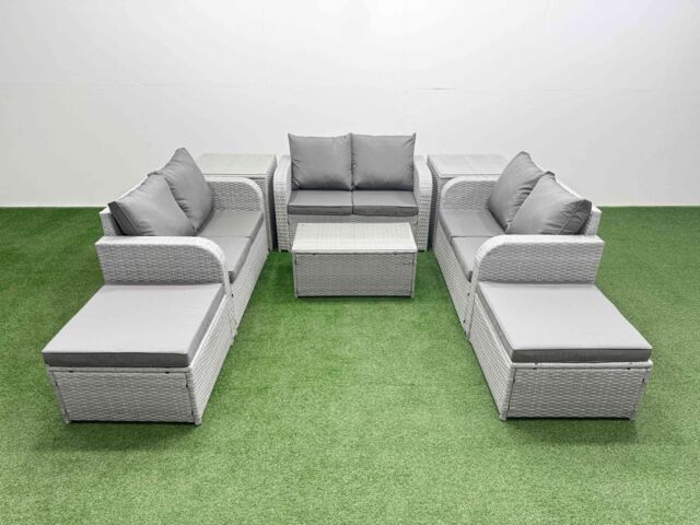 Fimous 8 Seater PE Wicker Rattan Furniture Sofa Sets with Rectangular Coffee Table 2 Seater Love Sofa 2 Big Footstool 2 Side Table Light Grey - image 1
