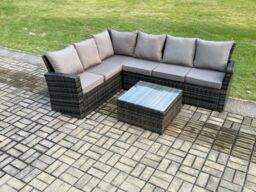 Fimous 6 Seater Outdoor Furniture Garden Dining Set Rattan Corner Sofa Set with Square Coffee Table Dark Grey Mixed - thumbnail 1