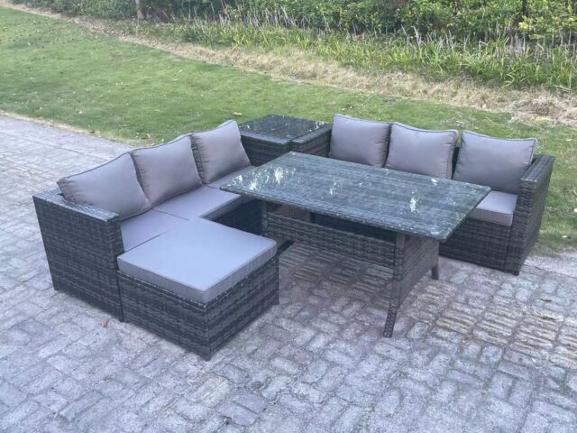 Fimous PE Wicker Outdoor Garden Furniture Set Patio Rattan Rectangular Dining Table Sofa Footstool Side Table 7 Seater in Dark Grey - image 1