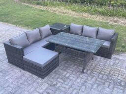 Fimous PE Wicker Outdoor Garden Furniture Set Patio Rattan Rectangular Dining Table Sofa Footstool Side Table 7 Seater in Dark Grey - thumbnail 2