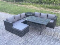 Fimous PE Wicker Outdoor Garden Furniture Set Patio Rattan Rectangular Dining Table Sofa Footstool Side Table 7 Seater in Dark Grey - thumbnail 1