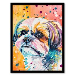 "Artery8 Colourful Shih Tzu Portrait Dog Lover Watercolour Framed Wall Art - Size: W12"" x H16""" - thumbnail 1