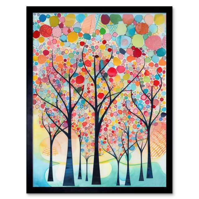 "Artery8 Wall Art Print Colourful Trees Blooming In Spring Folk Art Watercolour Painting Art Framed in Black - Size: W12"" x H16""" - image 1