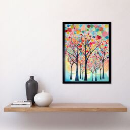 "Artery8 Wall Art Print Colourful Trees Blooming In Spring Folk Art Watercolour Painting Art Framed in Black - Size: W12"" x H16""" - thumbnail 2