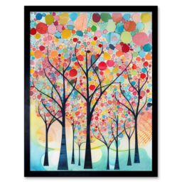 "Artery8 Wall Art Print Colourful Trees Blooming In Spring Folk Art Watercolour Painting Art Framed in Black - Size: W12"" x H16""" - thumbnail 1