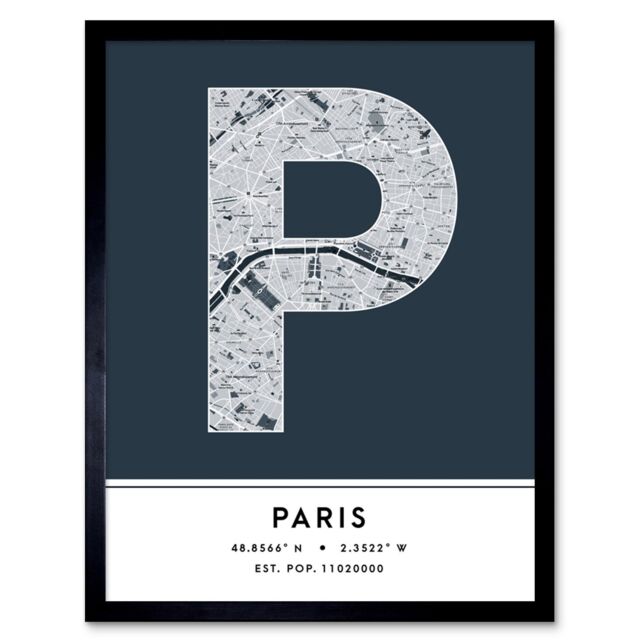 "Wee Blue Coo Wall Art Print Paris France City Map Modern Typography Stylish Letter Framed Word in Navy - Size: W12"" x H16""" - image 1