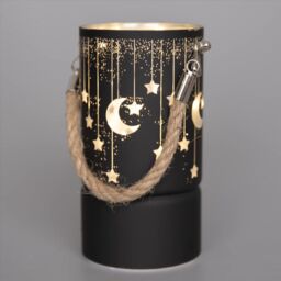 Shatchi 22cm Christmas Decorated Jar Led Black Glass Vase / Moon / Stars - thumbnail 4