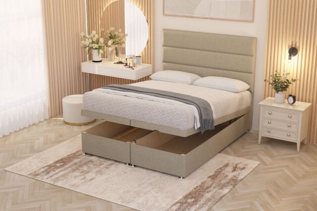 Somnior Chambery Hybrid Pocket Sprung Orthopaedic Ottoman Bed Set with Headboard Linen Fabric in Beige - Size: Single - image 1
