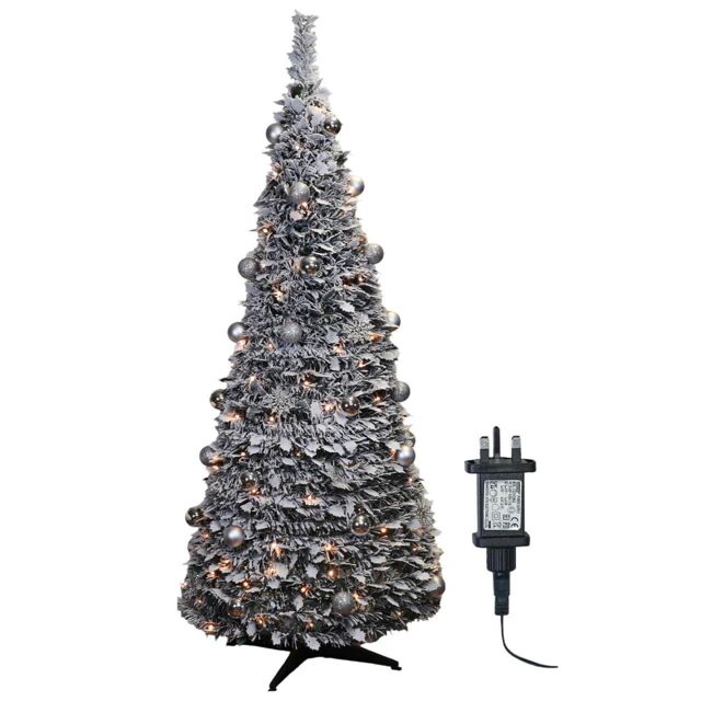 mysmartbuy Pre-Lit Pop Up Frosted Christmas Tree with Assorted Silver Baubles & 150 Warm White LED Lights - Size: 7ft - image 1