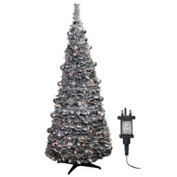mysmartbuy Pre-Lit Pop Up Frosted Christmas Tree with Assorted Silver Baubles & 150 Warm White LED Lights - Size: 7ft