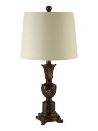 Orsina Neoclassical Bronze Table Lamp, Ornate Fleur-de-Lis Base & Grey Linen Shade, Lighting for Living Room in White